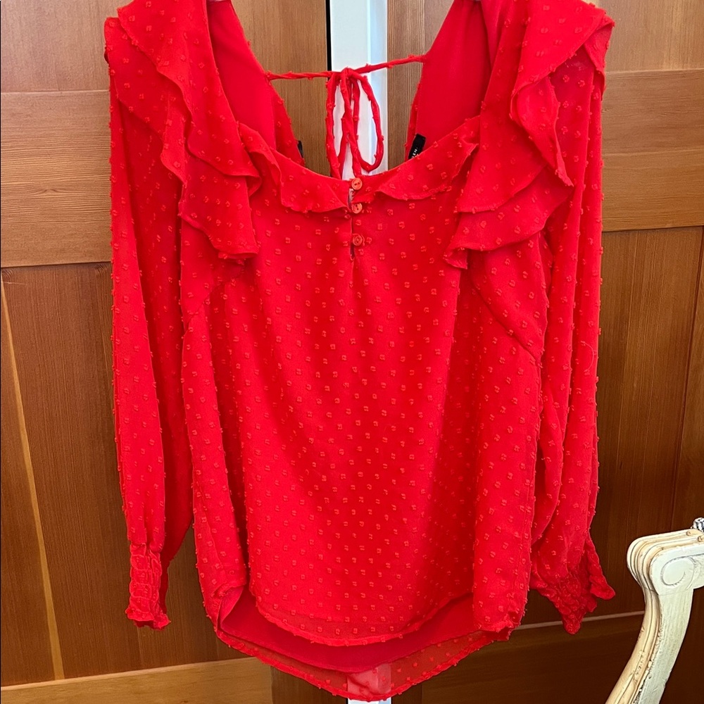Nordstrom Halogen Red Ruffled Swiss Dot Long-Sleeve Blouse